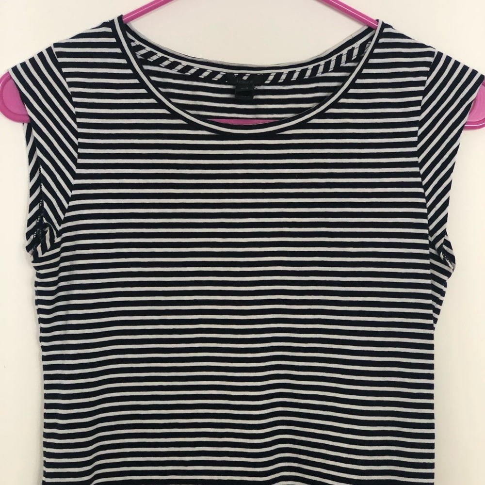 J.Crew Linen Blend Navy Blue White Stripe T-shirt Top in XXS Mini Cap Sleeve